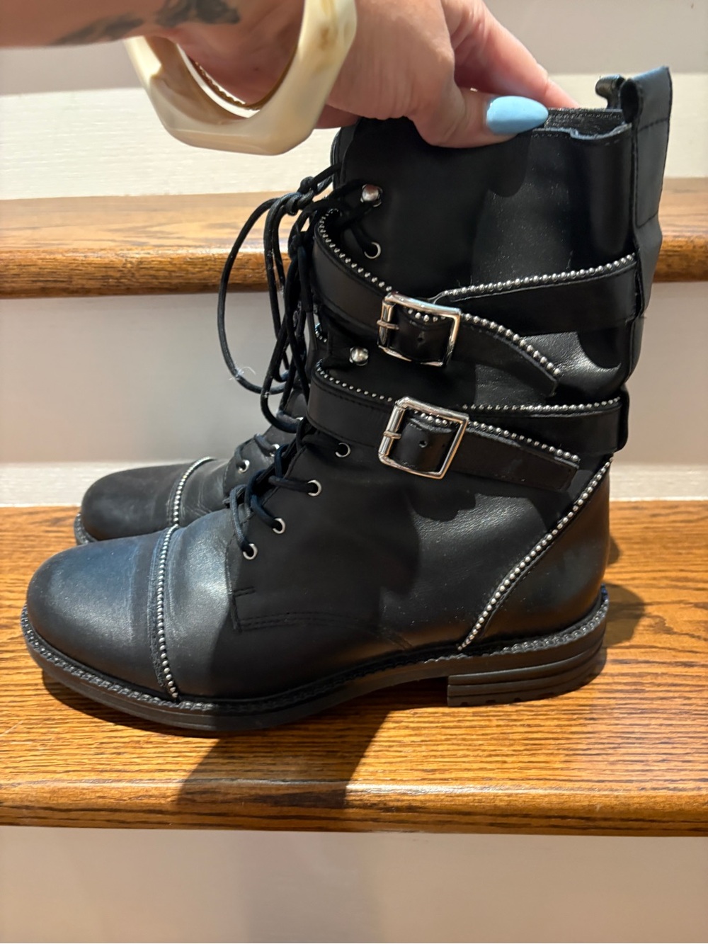 L'INTERVALLE Black Leather Combat Boots with Silver Buckles